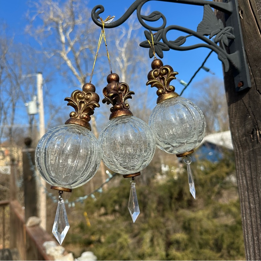 3 Crackle Glass Hollywood Regency Style Chandelier Christmas Ornaments Decor
